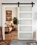 Pretty Dang Sleek Modern Glass Barn Door 36 By 84 Inches For Private Rooms Featuring Frosted Panels And Clear Glass To Keep Your Vibe Chill Plus Includes An Easy Slide Hardware Kit For Quick Setup in a stylish home interior.