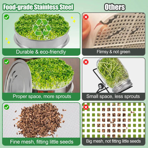 Comparison of food-grade stainless steel sprouter and others, showing benefits like durability and proper mesh for stainless steel sprouting kit.