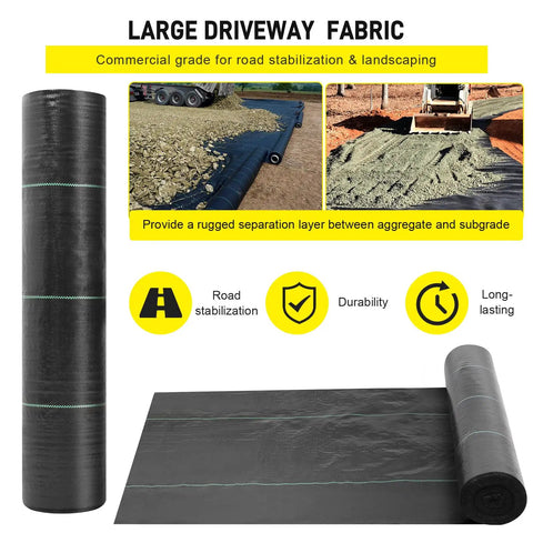 Heavy Duty 5 Oz Landscape Fabric 13x115 Ft Driveway And Weed Barrier For Erosion Control French Drain Garden Landscaping Weed Control Construction Projects Permeable Ground Cover displayed in roll and flat layout