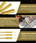 Diamond Chainsaw Sharpener Kit With 36 Piece Set And Storage Case Titanium Plated Grinding Bits For Chainsaws And Power Rotary Tools Includes 5/32 Inch 3/16 Inch And 7/32 Inch Bits For Electric Drill showing titanium coated bits, sharpening in use on chainsaw, and size options.