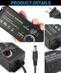 60W Adjustable DC Power Supply With LED Display, 3V To 12V Output, 5A Max, shown with plug and connection details