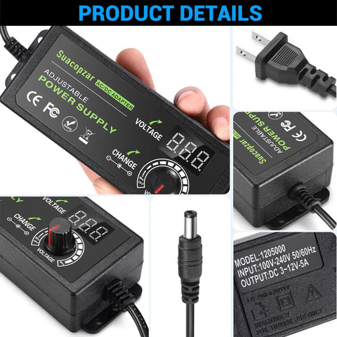 60W Adjustable DC Power Supply With LED Display, 3V To 12V Output, 5A Max, shown with plug and connection details