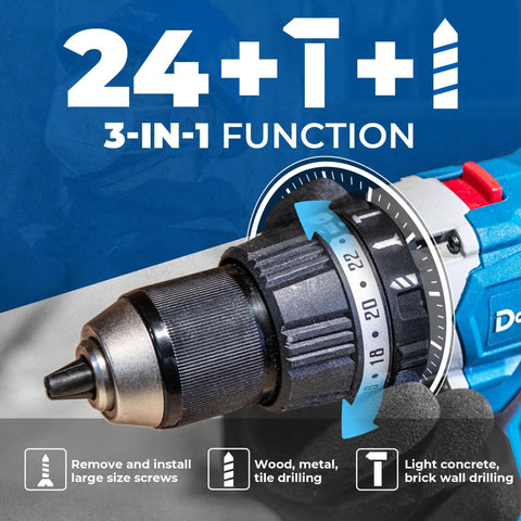 Close-up of 20V Brushless Hammer Drill Kit with 4Ah battery, showing 24+1+1 clutch and keyless metal chuck for diverse drilling tasks.