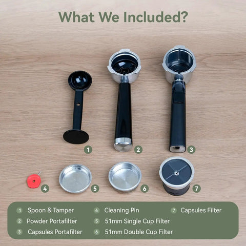 Contents of the 20 Bar Dual Mode Espresso Machine With Portafilter For Nespresso Original Capsules Or Ground Coffee, showing accessories like Spoon & Tamper, Portafilters, and Filters.