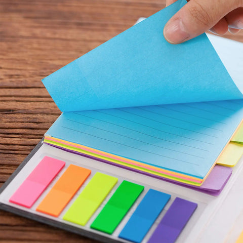 Neon Sticky Notes Set 410 Pack With 150 Neon Index Tabs And Divider Pads in close-up, showing blue lined notes and colorful tabs.