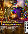 Cozy living room with Mega 328Ft Outdoor LED Christmas String Lights With 720 LEDs Dual Color Warm White To Multicolor, 11 modes.