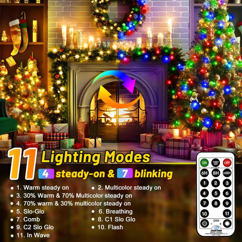 Cozy living room with Mega 328Ft Outdoor LED Christmas String Lights With 720 LEDs Dual Color Warm White To Multicolor, 11 modes.