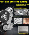 Turn Any Drill Into A Sheet Metal Cutting Beast With This Upgraded Electric Nibbler Attachment shown cutting various metals