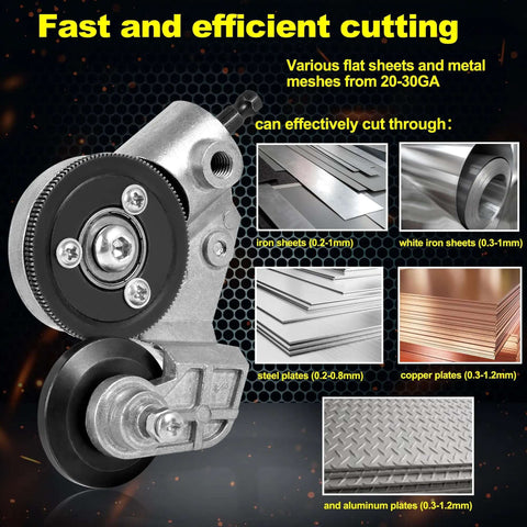 Turn Any Drill Into A Sheet Metal Cutting Beast With This Upgraded Electric Nibbler Attachment shown cutting various metals