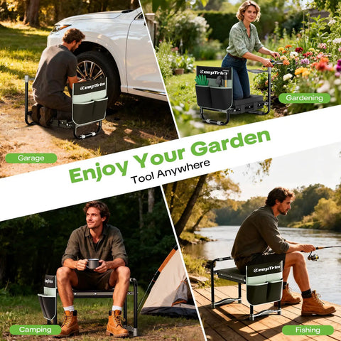 Foldable Garden Kneeler And Seat With Tool Pouch, Two In One Ergonomic Kneeling Bench For Easy Gardening, Supports Up To 400 Lbs in use