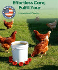 68 Piece Sleek Chicken Waterer Cups Delivering No Sweat Automatic Leak Proof Poultry Watering Station With Tee Fittings And Hole Opener For Rock Solid Hydration In Vibrant Red with chickens and water bucket.