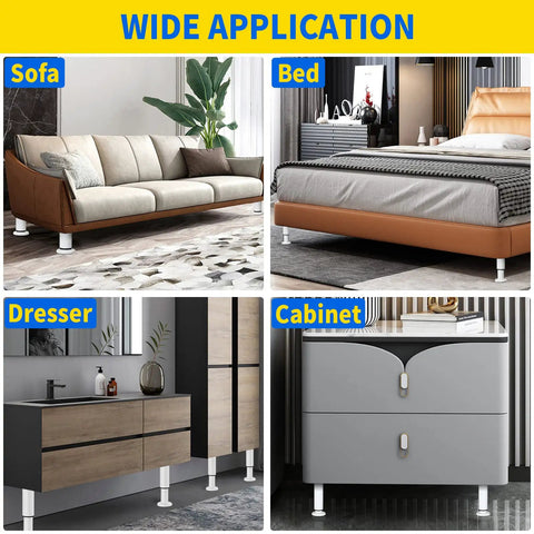 Heavy Duty Adjustable Furniture Support Legs Set White Four Pack With Mounting Hardware Tough Steel Center Posts for beds, sofas, dressers, and cabinets.