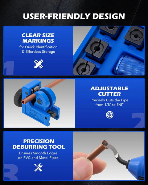 Orion Motor Tech hydraulic flaring tool kit in blue with tubing cutter and deburring tool