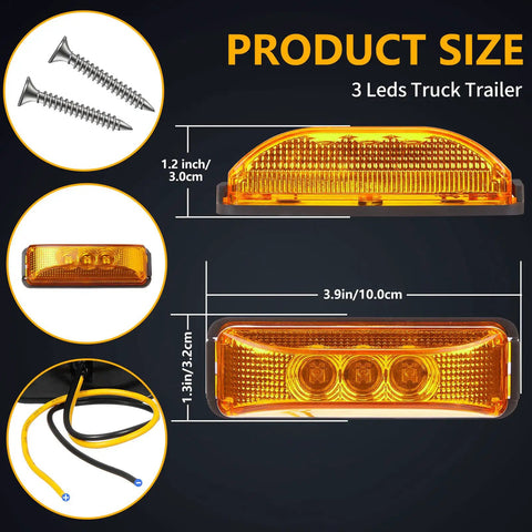20 Pcs 3.9 Inch 3 LED Amber Trailer Marker Lights Waterproof Side Marker Light Rectangle Signal Running Lights for Truck Boat RV Exterior Accessories with 40 Screws for Easy Install, showing dimensions and wiring details.