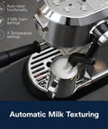 Top Shelf Compact Espresso Machine With Automatic Steam Wand Three Brew Temps Milk Foam Settings Dishwasher Safe Parts 15 Bar Pressure Stainless Steel design showing auto clean functionality and milk texturing.