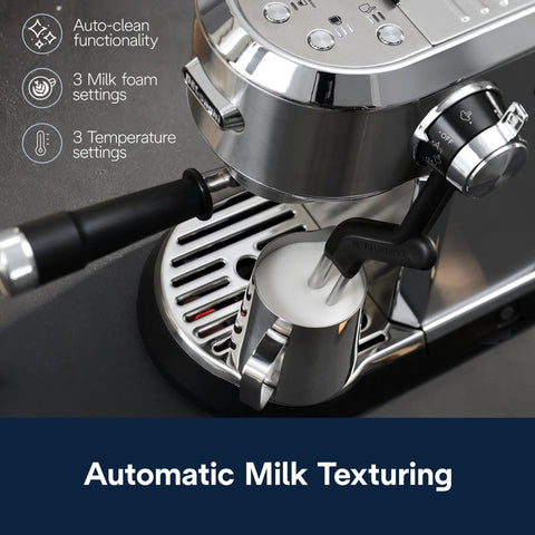 Top Shelf Compact Espresso Machine With Automatic Steam Wand Three Brew Temps Milk Foam Settings Dishwasher Safe Parts 15 Bar Pressure Stainless Steel design showing auto clean functionality and milk texturing.