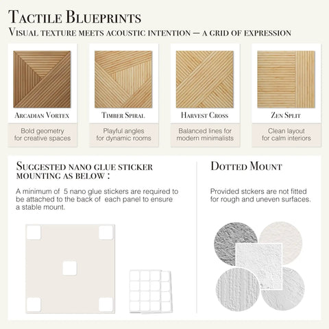 Big League Acoustic Wall Panels Providing Legit Sound Absorption And Straight Up Echo Control For Home Studios Or Listening Rooms Constructed From Heavy Duty Groove Patterned Polyester Fiber with various designs displayed.