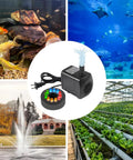 15W Submersible Water Pump With Dope LED Lights 260GPH for pond, aquarium, fountain use shown in various applications