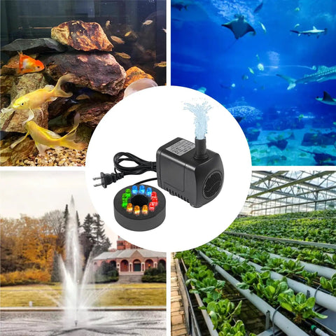 15W Submersible Water Pump With Dope LED Lights 260GPH for pond, aquarium, fountain use shown in various applications