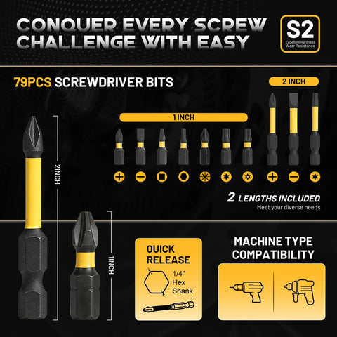 79 Piece Screwdriver Bits Set with 1 and 2 inch lengths, S2 material, quick release hex shank for easy compatibility.