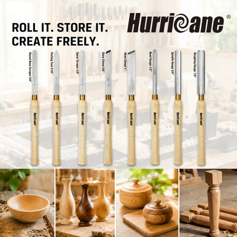Eight Piece Wood Lathe Chisel Set With M2 HSS Blades And Ten Inch Solid Hardwood Handles, includes gouges, chisels, tools
