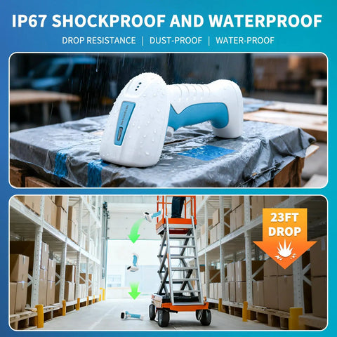 Beast Mode Industrial Barcode Scanner With Wireless 2D QR Capture And IP67 Waterproof Defense Built Tough for warehouse use with rain.
