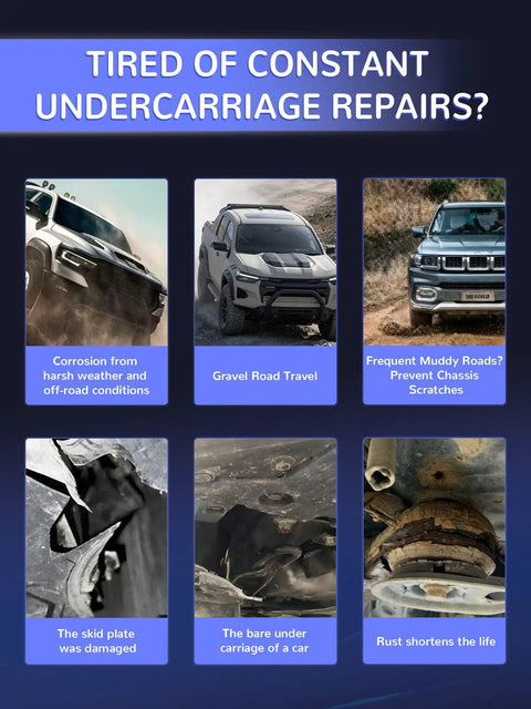 Image showing damaged skid plate and bare undercarriage, highlighting risks of corrosion and vehicle repairs.