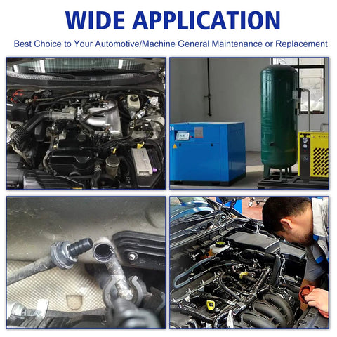 Vacuum connector assortment kit (nylon, 113 pcs) for automotive vacuum tubing and tees; shown with engine bay and hoses.