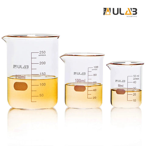 Glass Beaker Set In 50ml 100ml 250ml Sizes With 3.3 Borosilicate Glass Griffin Low Form Printed Graduation Lab Grade Built To Last