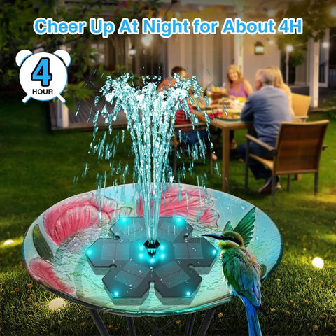 Snowflake Style Solar Fountain With LED Lights 3.5W Solar Power 2000mAh Battery 7 Nozzles For Hummingbird Garden Pool Pond Upgrade 2025 Perfect For Bird Bath Backyard Water Feature Colorful Night Vibe displayed in a garden setting at night with glowing snowflake design and water spray.