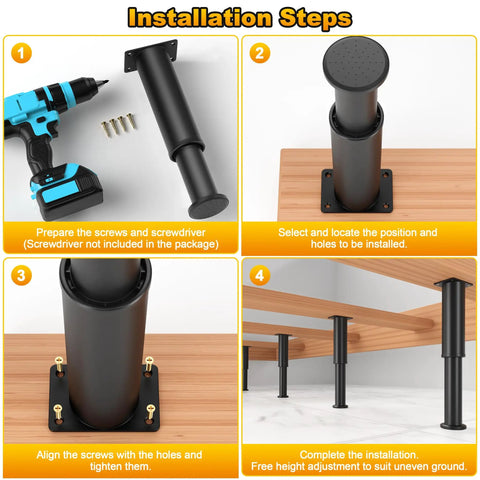 Installation steps for Heavy Duty Adjustable Bed Support Legs For Bedroom Frames And Living Room Sofas with drill and screws.