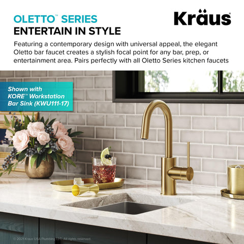 Oletto Single Handle Kitchen Bar Faucet With QuickDock Top Mount in Spot Free Antique Champagne Bronze Finish installed on countertop