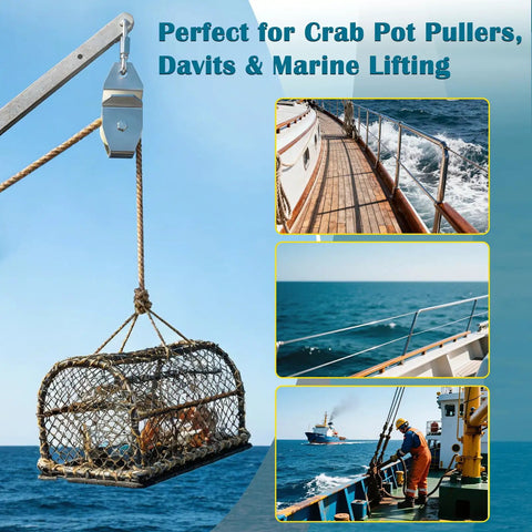 Top Shelf Heavy Duty Crab Pot Retrieval Kit With Marine Grade 304 Stainless Steel Davit Bracket and High Capacity Low Drag Pulley for Hog Wild Harvest Days, marine setup with crab pot
