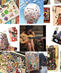 Colorful vinyl stickers collage on suitcases, helmets, guitars, and laptops.