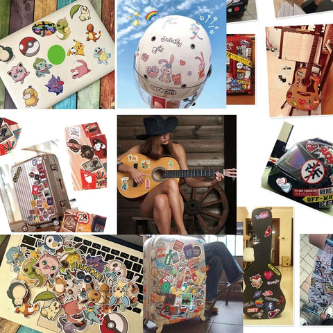 Colorful vinyl stickers collage on suitcases, helmets, guitars, and laptops.