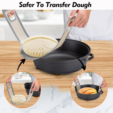All In One Sourdough Starter Kit With 9 Inch Round And 10 Inch Oval Silicone Banneton Baskets, demonstrating silicone bread sling use