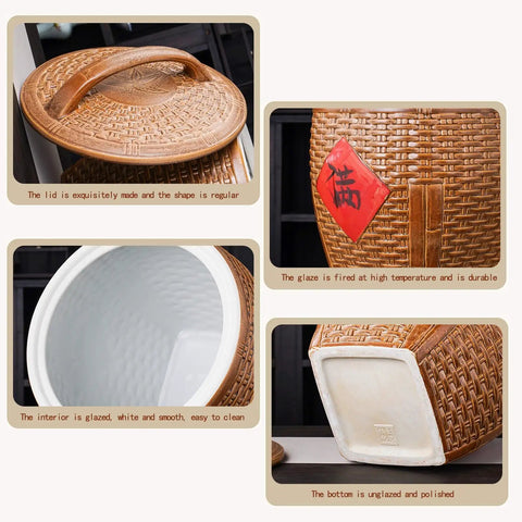 Close-up of Asian Weave Ceramic Rice Dispenser With Tight Lid showcasing textured lid and smooth white interior.