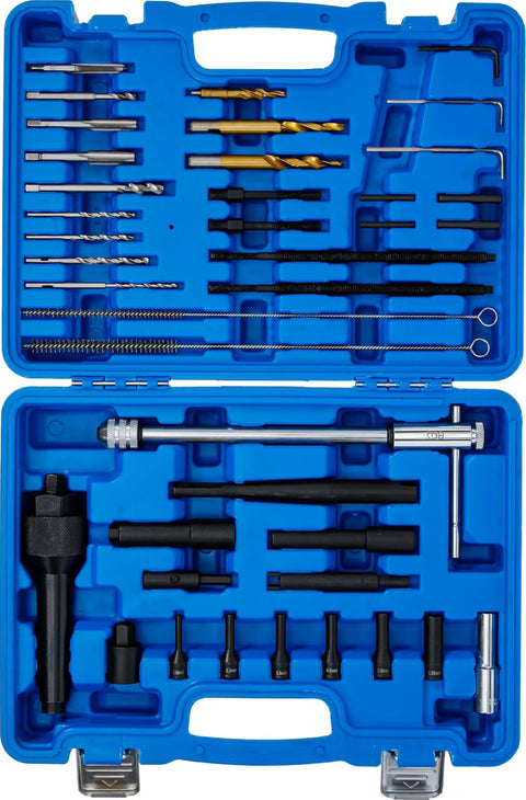 Heavy Duty Glow Plug Puller And Thread Restoration Kit For M8 And M10 Diesel Blocks 41 Piece set in blue case showing tools.