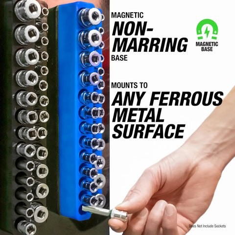 Six Pack Magnetic Socket Tray Set With Color Coded Metric And SAE Organizers for secure storage on metal surface.