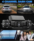 Image of a 4 Channel Dash Cam with 360 degree view for all around protection and no blind spots, showing front and rear views.