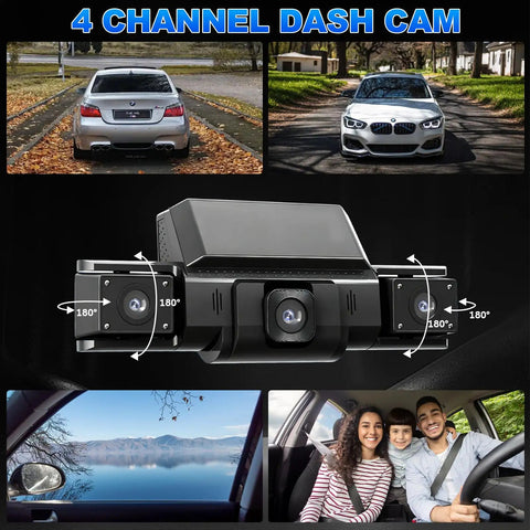 Image of a 4 Channel Dash Cam with 360 degree view for all around protection and no blind spots, showing front and rear views.