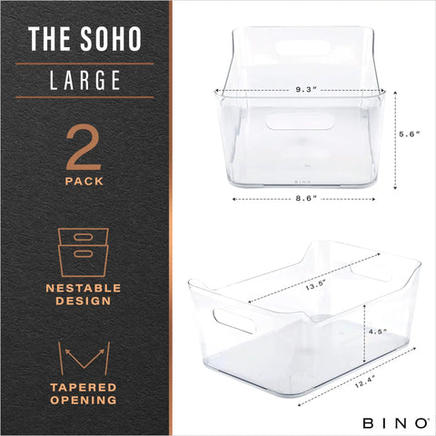 Smooth Operator Clear Plastic Storage Bins Large Two Pack Tough As Nails Multipurpose Pantry Organizers Fridge Compartments Cabinet Shelving For Snacks And First Aid Sort, 13.5 x 9.3 x 5.6 inch clear bins.
