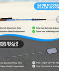 Full Size Beach Scoop Shovel And Sifter Tool For Beachcombing, Adjustable Sea Glass Seashells And Shark Teeth Finder, Doubles As A Walking Or Hiking Stick, shown with text highlighting features like adjustable aircraft aluminum pole, stainless steel components, and dual function as walking stick.