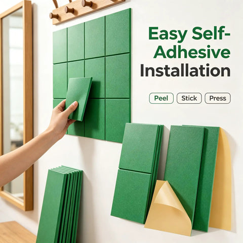 Peel And Stick Acoustic Wall Panels 12 Pack SoundProof Foam Tiles being installed on a wall, showcasing self-adhesive feature.