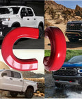 Red Front Tow Hook Covers For Silverado 1500 2007 To 2026 And GMC Sierra 1500 2007 To 2019 shown on various trucks