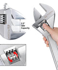 24 Inch Adjustable Wrench Heavy Duty Drop Forged Steel Chrome Plated With Precision Machined Jaws in hand highlighting 2.5" jaw capacity