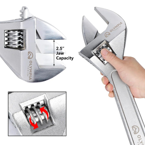 24 Inch Adjustable Wrench Heavy Duty Drop Forged Steel Chrome Plated With Precision Machined Jaws in hand highlighting 2.5" jaw capacity