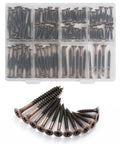 Job Site Ready Wood Screw Assortment Kit, 152 Pieces Bronze Galvanized Flat Head Phillips Drives in storage container.