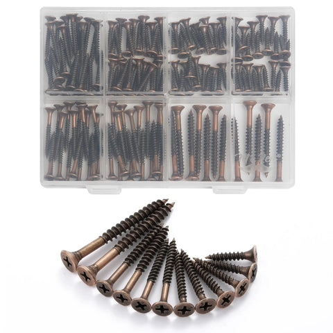Job Site Ready Wood Screw Assortment Kit, 152 Pieces Bronze Galvanized Flat Head Phillips Drives in storage container.