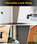 Heavy Duty 90 Degree Hasp Latch 4 Inch Stainless Steel Door Lock Rust Resistant Secure Gate Shed Barn Rock Solid Build mounted on various surfaces.